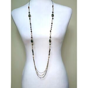 Makamol Gold and Silver Green Beaded Teardrop Stone Long Necklace